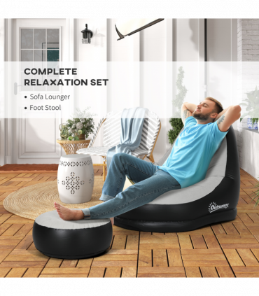 Outsunny Inflatable Chair and Foot Stool for Gaming, Reading, Watching, Grey