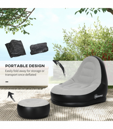 Outsunny Inflatable Chair and Foot Stool for Gaming, Reading, Watching, Grey