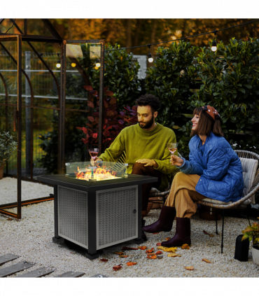 Outsunny Outdoor Propane Gas Fire Pit Table w/ Wind Screen & Glass Beads, Grey