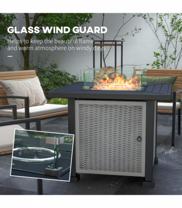 Outsunny Outdoor Propane Gas Fire Pit Table w/ Wind Screen & Glass Beads, Grey