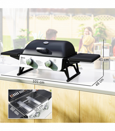 Outsunny Portable Tabletop Gas Barbecue Grill with Thermometer, Black