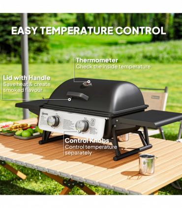 Outsunny Portable Tabletop Gas Barbecue Grill with Thermometer, Black