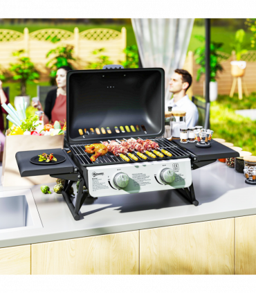 Outsunny Portable Tabletop Gas Barbecue Grill with Thermometer, Black