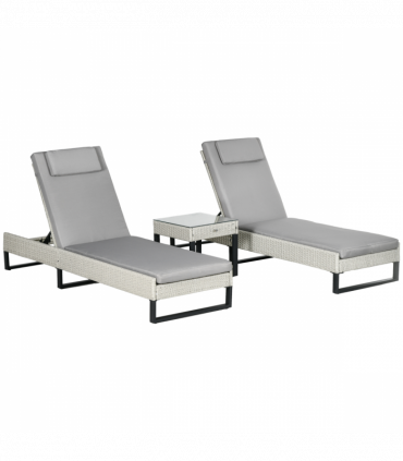 Outsunny Rattan Sun Lounger Set w/ Cushions, 5-Level Chaise Lounge Chairs, Grey