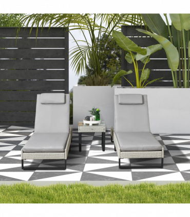 Outsunny Rattan Sun Lounger Set w/ Cushions, 5-Level Chaise Lounge Chairs, Grey