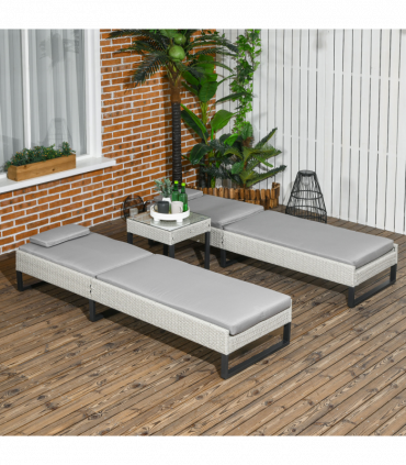 Outsunny Rattan Sun Lounger Set w/ Cushions, 5-Level Chaise Lounge Chairs, Grey