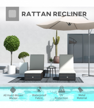 Outsunny Rattan Sun Loungers Set of 2, Recliner Chairs, Adjustable Back, Brown