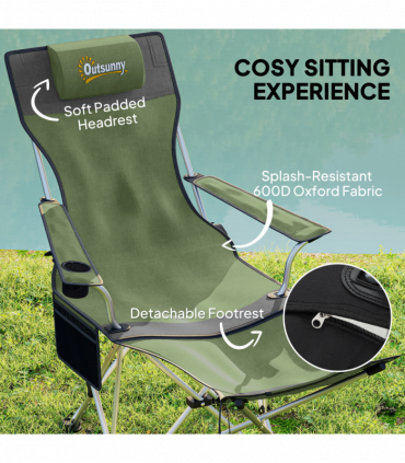 Outsunny Set of 2 Reclining Camping Chairs, Olive Green and Grey