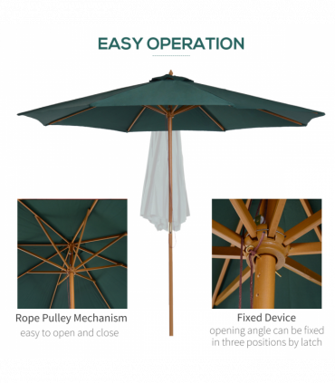 Outsunny Wooden Garden Parasol with Rope Pulley Mechanism and 8 Ribs Dark Green