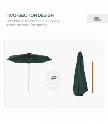 Outsunny Wooden Garden Parasol with Rope Pulley Mechanism and 8 Ribs Dark Green
