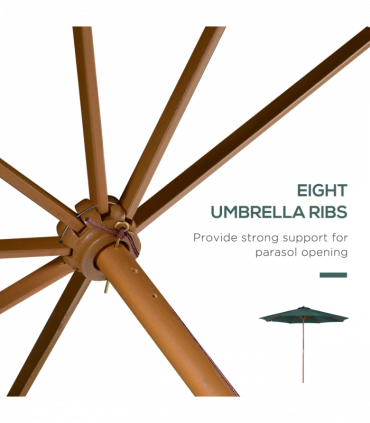 Outsunny Wooden Garden Parasol with Rope Pulley Mechanism and 8 Ribs Dark Green