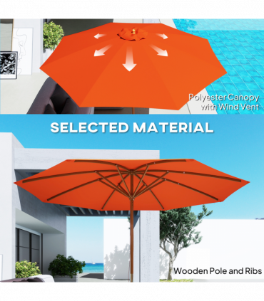 Outsunny Wooden Garden Parasol with Rope Pulley Mechanism and 8 Ribs Orange