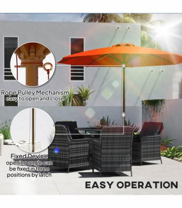 Outsunny Wooden Garden Parasol with Rope Pulley Mechanism and 8 Ribs Orange