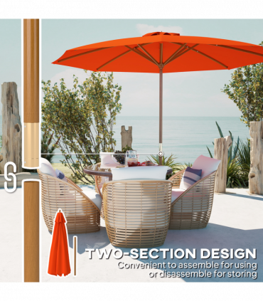 Outsunny Wooden Garden Parasol with Rope Pulley Mechanism and 8 Ribs Orange