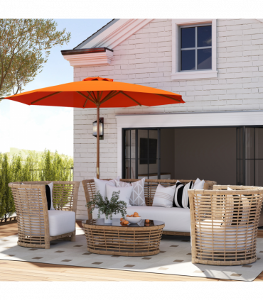 Outsunny Wooden Garden Parasol with Rope Pulley Mechanism and 8 Ribs Orange