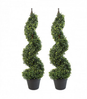 Pair of 90cm (3ft) Tall Artificial Boxwood Tower Trees Topiary Spiral Metal Top