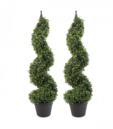Pair of 90cm (3ft) Tall Artificial Boxwood Tower Trees Topiary Spiral Metal Top