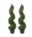 Pair of 90cm (3ft) Tall Artificial Boxwood Tower Trees Topiary Spiral Metal Top