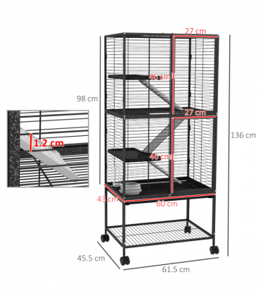 PawHut Ferret Cage 136cm Rolling Small Animal Cage w/ 3 Doors, Storage Shelf