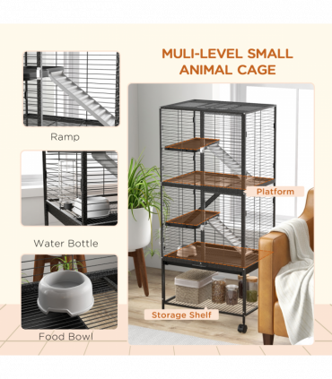 PawHut Ferret Cage 136cm Rolling Small Animal Cage w/ 3 Doors, Storage Shelf