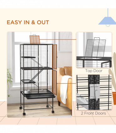 PawHut Ferret Cage 136cm Rolling Small Animal Cage w/ 3 Doors, Storage Shelf