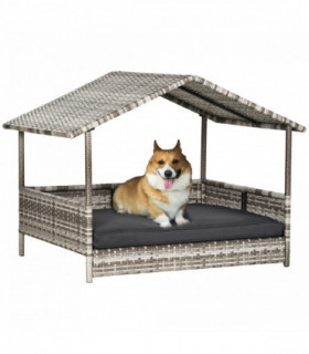 PawHut Wicker Dog House, Rattan Pet Bed with Soft Cushion- Dark Grey