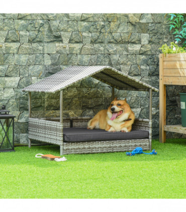 PawHut Wicker Dog House, Rattan Pet Bed with Soft Cushion- Dark Grey