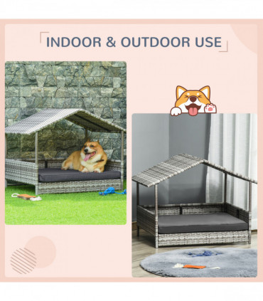 PawHut Wicker Dog House, Rattan Pet Bed with Soft Cushion- Dark Grey