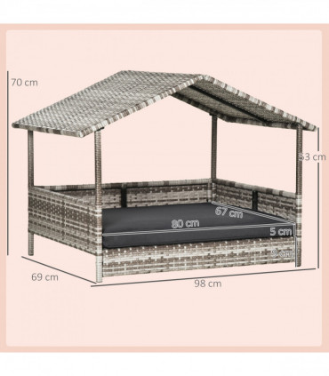 PawHut Wicker Dog House, Rattan Pet Bed with Soft Cushion- Dark Grey