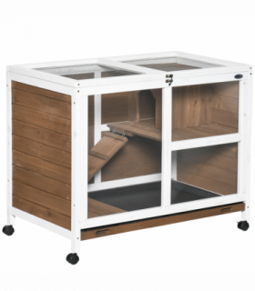 PawHut Wood Rabbit Hutch Bunny Cage Pet House Indoor W/ Tray Ramp, Brown
