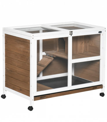 PawHut Wood Rabbit Hutch Bunny Cage Pet House Indoor W/ Tray Ramp, Brown