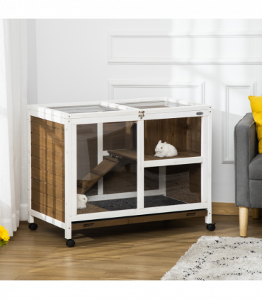 PawHut Wood Rabbit Hutch Bunny Cage Pet House Indoor W/ Tray Ramp, Brown