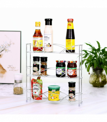 Vinsani Spice Rack 3 Tiers - Kitchen Shelf Organiser for Jars Bottles Space Saving Storage - Free Standing - Silver