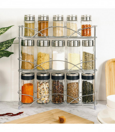 Vinsani Spice Rack 3 Tiers - Kitchen Shelf Organiser for Jars Bottles Space Saving Storage - Free Standing - Silver