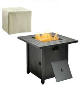 Square Propane Gas Fire Pit Table Rattan Smokeless Patio Heater Lava Rocks & Lid
