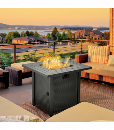 Square Propane Gas Fire Pit Table Rattan Smokeless Patio Heater Lava Rocks & Lid