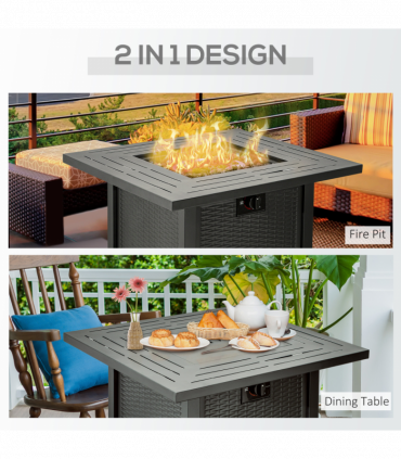 Square Propane Gas Fire Pit Table Rattan Smokeless Patio Heater Lava Rocks & Lid