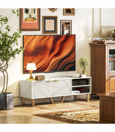 Stylish Marble Pattern TV Stand - Ample Storage & Support - Black Cabinet