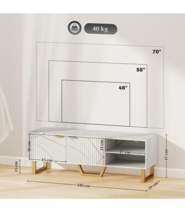 Stylish Marble Pattern TV Stand - Ample Storage & Support - Black Cabinet