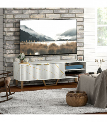 Stylish Marble Pattern TV Stand - Ample Storage & Support - Black Cabinet