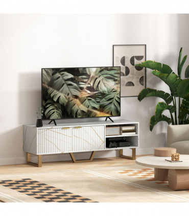 Stylish Marble Pattern TV Stand - Ample Storage & Support - Black Cabinet