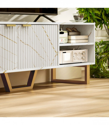 Stylish Marble Pattern TV Stand - Ample Storage & Support - Black Cabinet