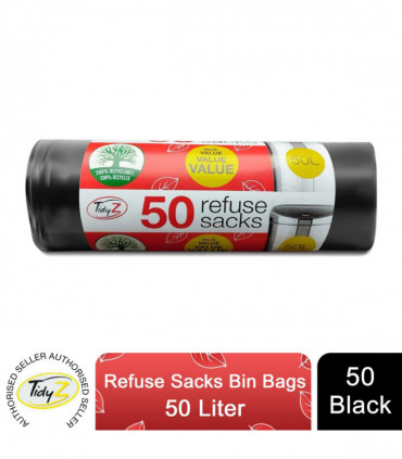 Tidyz 50 Black Refuse Sacks Bin Bags, 50L