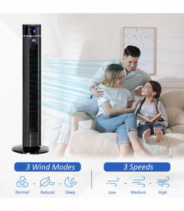 Tower Fan Cooling 3 Speed, 8h Timer, Oscillating, LED Panel, Black w/ RC