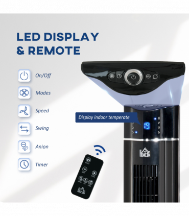 Tower Fan Cooling 3 Speed, 8h Timer, Oscillating, LED Panel, Black w/ RC