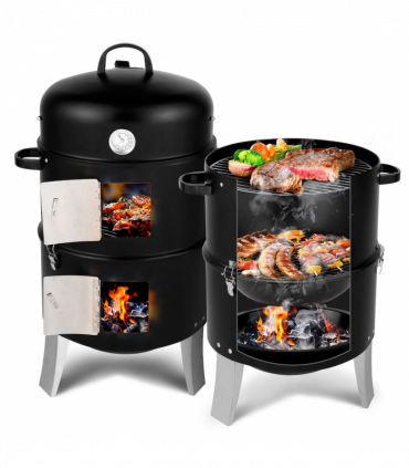 Vertical Steel Charcoal Smoker, Heavy Duty Double Layer Round BBQ Grill for Outdoor Cooking, Black