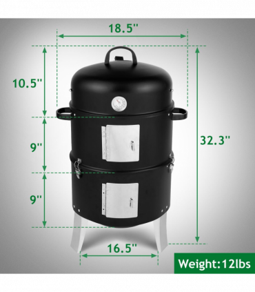 Vertical Steel Charcoal Smoker, Heavy Duty Double Layer Round BBQ Grill for Outdoor Cooking, Black
