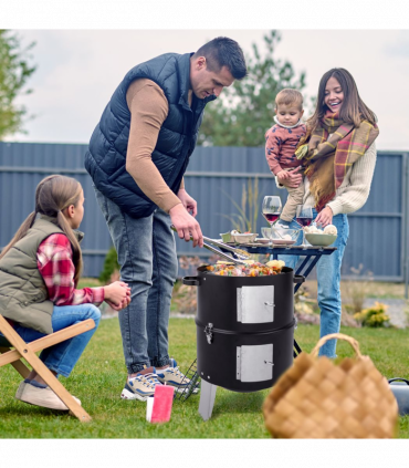 Vertical Steel Charcoal Smoker, Heavy Duty Double Layer Round BBQ Grill for Outdoor Cooking, Black
