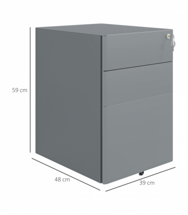 Vinsetto 3 Drawer Metal Filing Cabinet Lockable 5 Wheels Compact Under Desk Grey