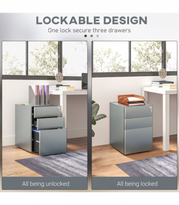 Vinsetto 3 Drawer Metal Filing Cabinet Lockable 5 Wheels Compact Under Desk Grey